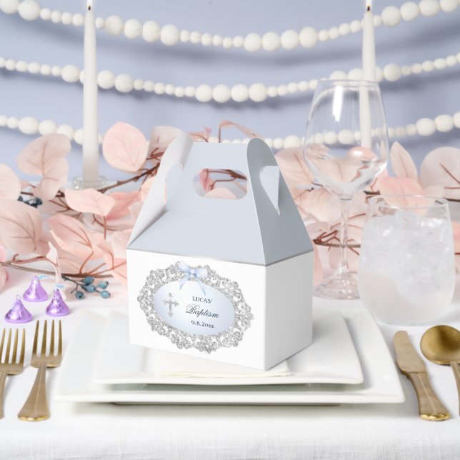 Silver Glitter Frame Blue Bow Baptism Big Gable Favor Box (Wedding)