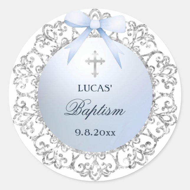 Silver Glitter Frame Blue Bow Baptism Classic Round Sticker (Front)