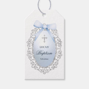 Silver Glitter Frame Blue Bow Baptism Gift Tags