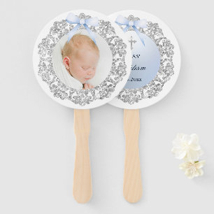 Silver Glitter Frame Blue Bow Baptism Hand Fan