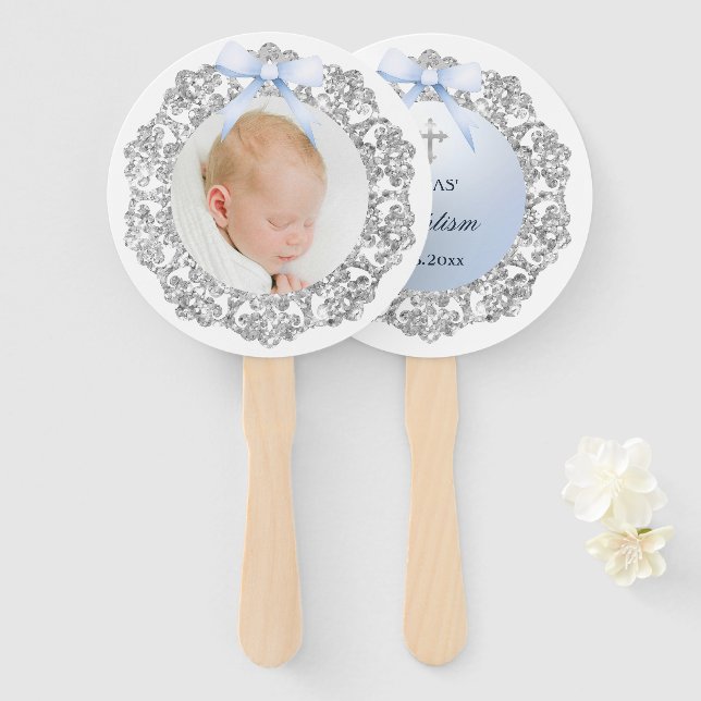 Silver Glitter Frame Blue Bow Baptism Hand Fan (Front and Back)