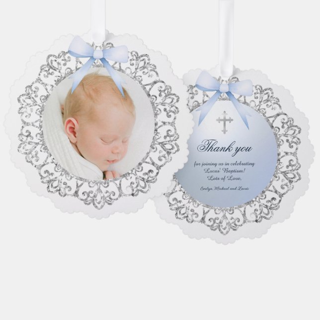 Silver Glitter Frame Blue Bow Baptism Thank You Ornament Card (Front/Back)