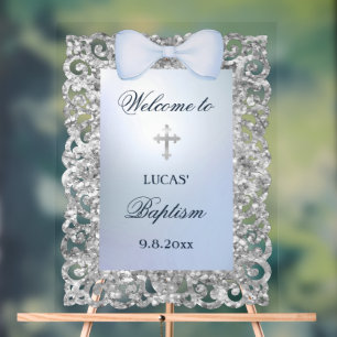 Silver Glitter Frame Blue Bow Baptism Welcome Acrylic Sign