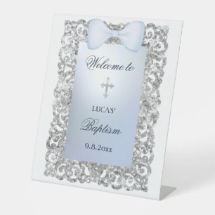 Silver Glitter Frame Blue Bow Baptism Welcome Pedestal Sign