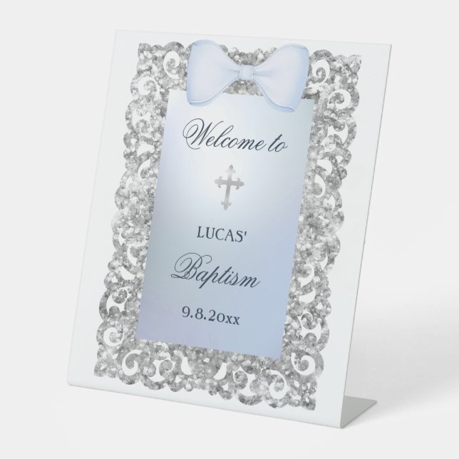 Silver Glitter Frame Blue Bow Baptism Welcome Pedestal Sign (Front)