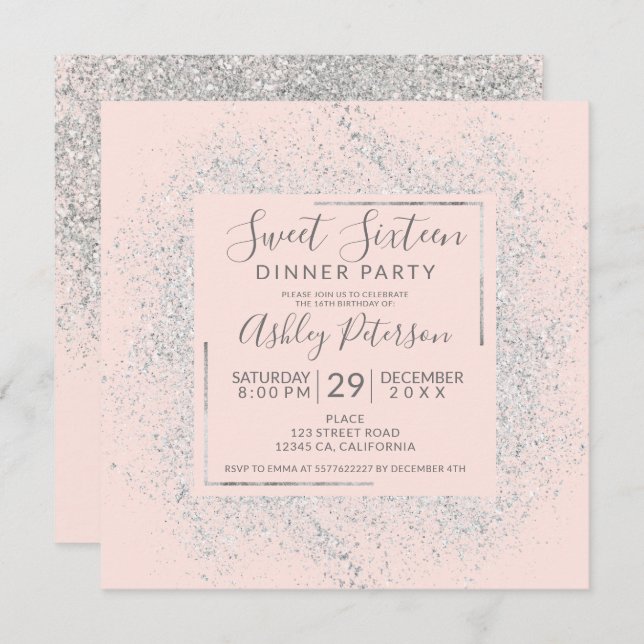 Silver glitter frame chic  blush pink sweet 16 invitation (Front/Back)