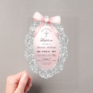 Silver Glitter Frame Pink Bow Baptism Acrylic Invitations