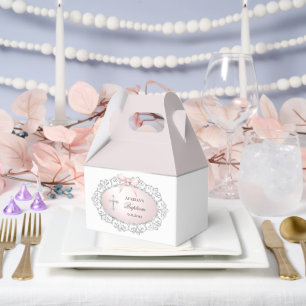 Silver Glitter Frame Pink Bow Baptism Big Gable Favor Box