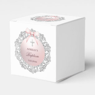 Silver Glitter Frame Pink Bow Baptism Cube Favor Box