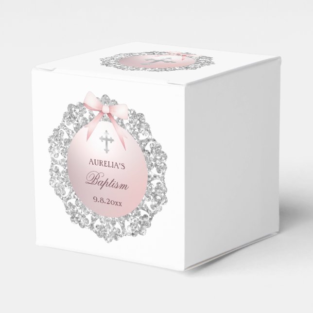 Silver Glitter Frame Pink Bow Baptism Cube Favor Box (Front Side)