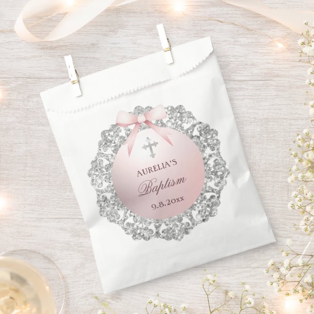 Silver Glitter Frame Pink Bow Baptism Favour Bag (Clipped)