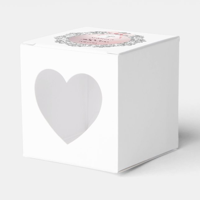 Silver Glitter Frame Pink Bow Baptism Heart Favor Box (Front Side)