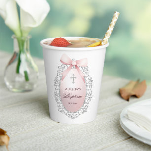 Silver Glitter Frame Pink Bow Baptism Paper Cups