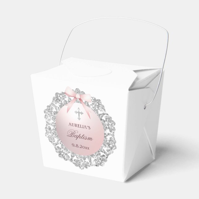 Silver Glitter Frame Pink Bow Baptism Take Out Favor Box (Front Side)