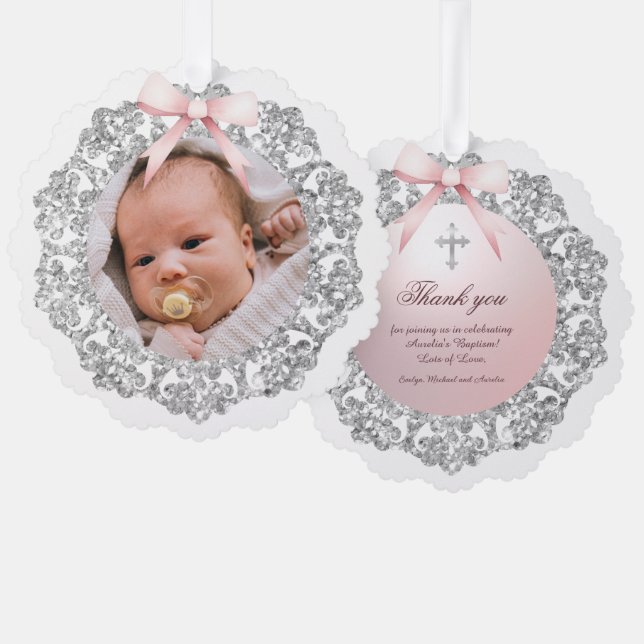 Silver Glitter Frame Pink Bow Baptism Thank You Ornament Card (Front/Back)