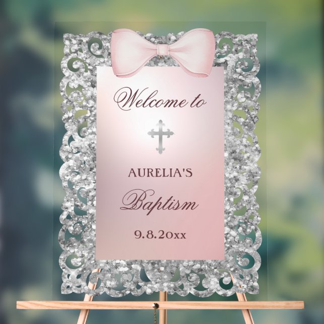 Silver Glitter Frame Pink Bow Baptism Welcome Acrylic Sign (Neutral)