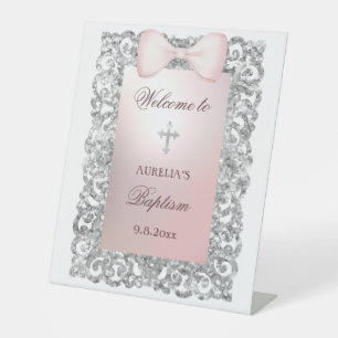 Silver Glitter Frame Pink Bow Baptism Welcome Pedestal Sign