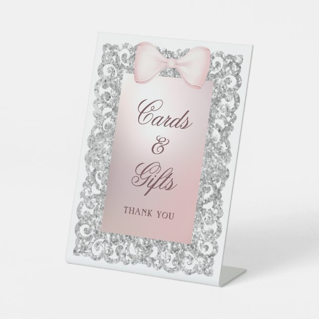 Silver Glitter Frame Pink Bow Cards & Gifts Pedestal Sign (Front)