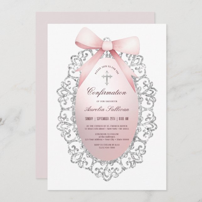 Silver Glitter Frame Pink Bow Confirmation Invitation (Front/Back)