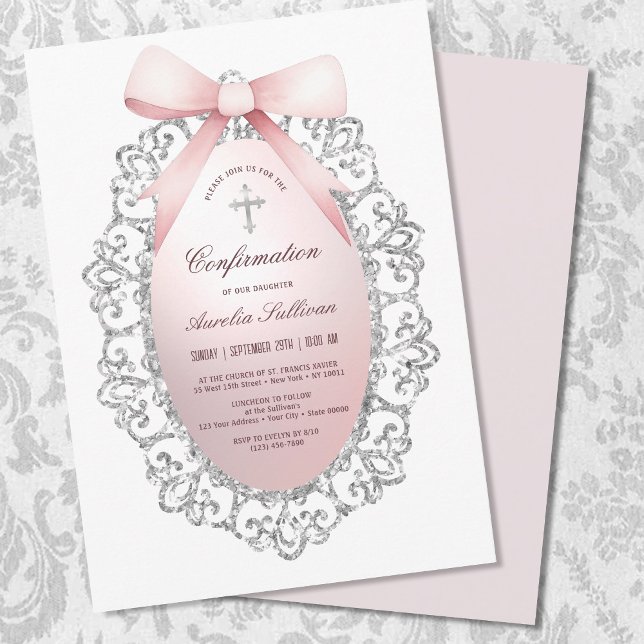 Silver Glitter Frame Pink Bow Confirmation Invitation (Creator Uploaded)