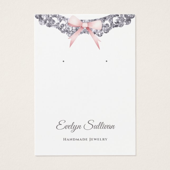 Silver glitter frame pink bow earring display card (Front)