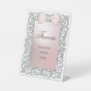 Silver Glitter Frame Pink Bow Favors Pedestal Sign