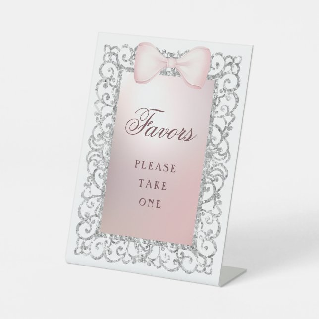 Silver Glitter Frame Pink Bow Favours Pedestal Sign (Front)