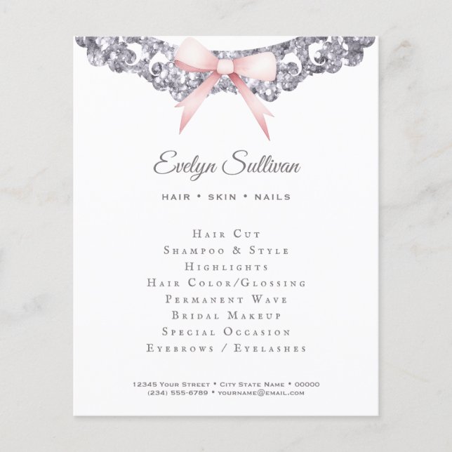 Silver glitter frame pink bow flyer (Front)