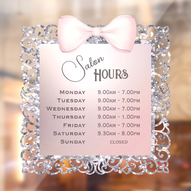 Silver Glitter Frame Pink Bow Opening Hours Window Cling (Sheet 2)