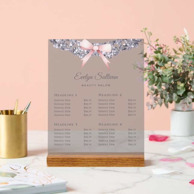 Silver Glitter Frame Pink Bow Price List Acrylic Sign (Wedding)