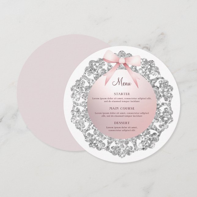 Silver Glitter Frame Pink Bow Round Menu (Front/Back)