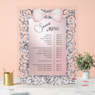 Silver Glitter Frame Pink Bow Services Menu Acrylic Sign