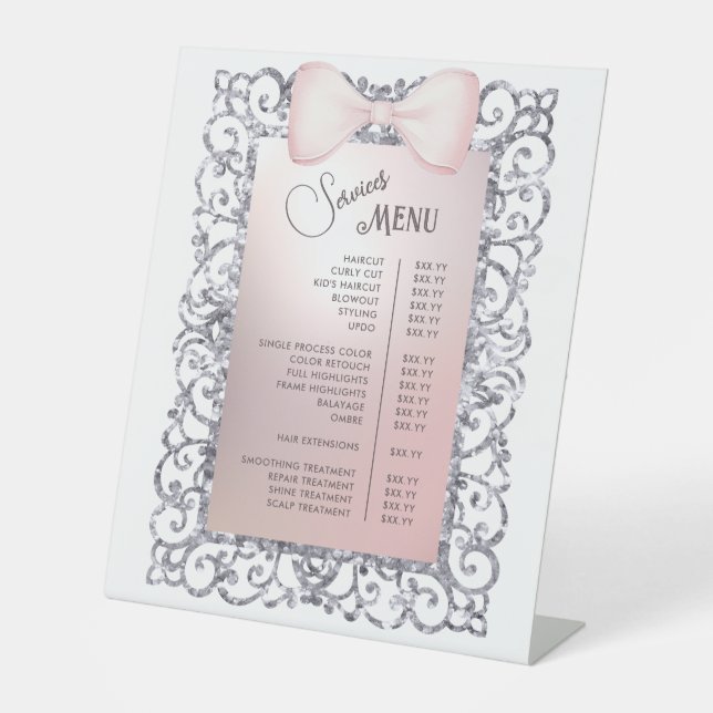 Silver Glitter Frame Pink Bow Services Menu Pedestal Sign (Front)