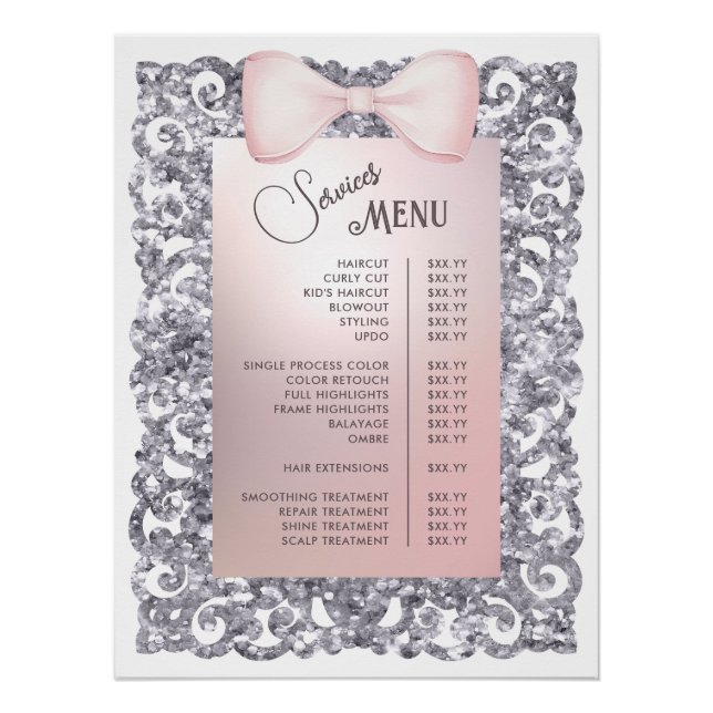 Silver Glitter Frame Pink Bow Services Menu Poster (Front)