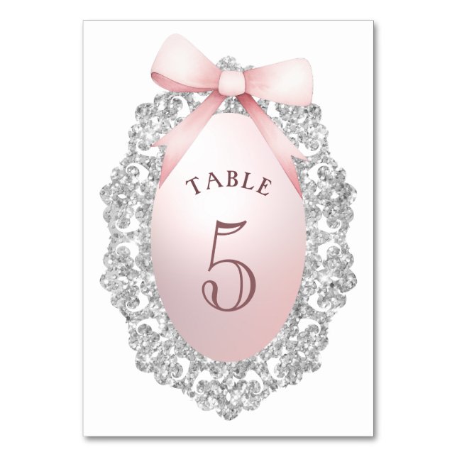 Silver Glitter Frame Pink Bow Table Number (Front)