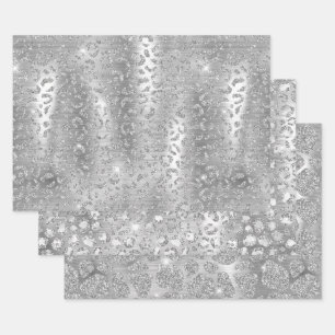 Silver Glitter Giraffe & Leopard Spots Patterns Wrapping Paper Sheet