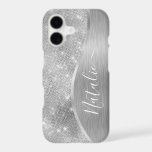 Silver Glitter Glam Bling Personalized Metallic<br><div class="desc">Easily personalize this silver brushed metal and glamourous faux glitter patterned phone case with your own custom name.</div>