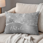 Silver Glitter Glam Bling Personalized Metallic Accent Pillow<br><div class="desc">Easily personalize this silver brushed metal and glamourous faux glitter patterned accent pillow with your own custom name.</div>