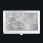 Silver Glitter Glam Bling Personalized Metallic Business Card Holder<br><div class="desc">Easily personalize this silver brushed metal and glamourous faux glitter patterned business card holder with your own custom name.</div>