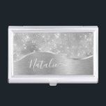 Silver Glitter Glam Bling Personalized Metallic Business Card Holder<br><div class="desc">Easily personalize this silver brushed metal and glamourous faux glitter patterned business card holder with your own custom name.</div>