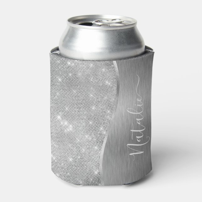 Silver Glitter Glam Bling Personalized Metallic Can Cooler (Can Front)