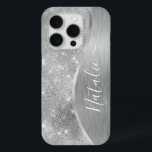 Silver Glitter Glam Bling Personalized Metallic iPhone 15 Pro Case<br><div class="desc">Easily personalize this silver brushed metal and glamourous faux glitter patterned phone case with your own custom name.</div>