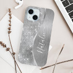 Silver Glitter Glam Bling Personalized Metallic iPhone 15 Case<br><div class="desc">Easily personalize this silver brushed metal and glamourous faux glitter patterned phone case with your own custom name.</div>