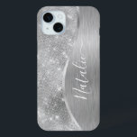 Silver Glitter Glam Bling Personalized Metallic iPhone 15 Mini Case<br><div class="desc">Easily personalize this silver brushed metal and glamourous faux glitter patterned phone case with your own custom name.</div>