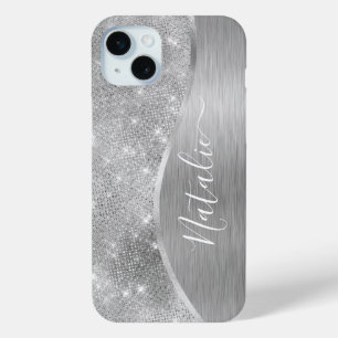 Silver Glitter Glam Bling Personalized Metallic iPhone 15 Mini Case