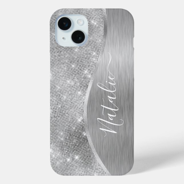 Silver Glitter Glam Bling Personalized Metallic Case-Mate iPhone Case (Back)