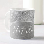 Silver Glitter Glam Bling Personalized Metallic Coffee Mug<br><div class="desc">Easily personalize this silver brushed metal and glamourous faux glitter patterned coffee mug with your own custom name.</div>