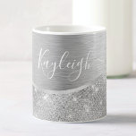 Silver Glitter Glam Bling Personalized Metallic Coffee Mug<br><div class="desc">Easily personalize this silver brushed metal and glamourous faux glitter patterned coffee mug with your own custom name.</div>