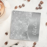 Silver Glitter Glam Bling Personalized Metallic Glass Coaster<br><div class="desc">Easily personalize this silver brushed metal and glamourous faux glitter patterned coaster with your own custom name.</div>