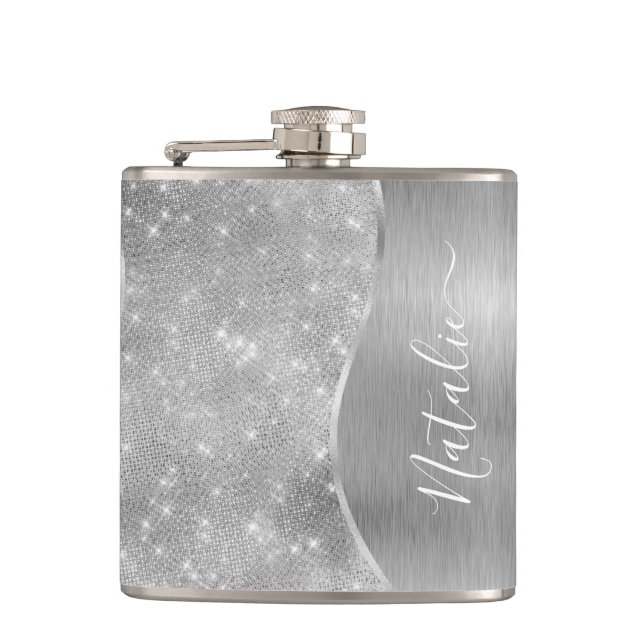Silver Glitter Glam Bling Personalized Metallic Hip Flask (Front)